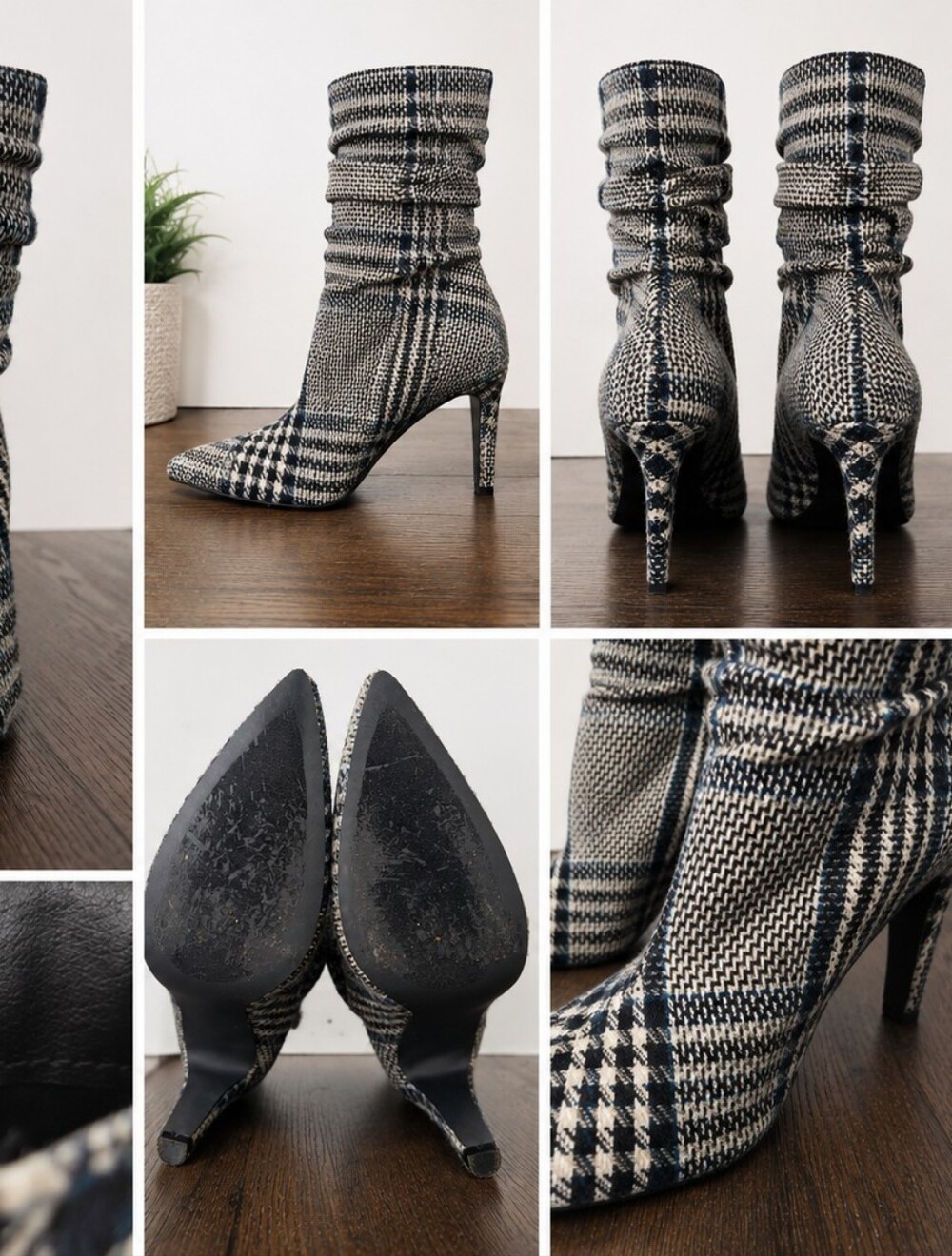 Plaid Slouch Pointed-Toe Ankle Boots - Black & Cream